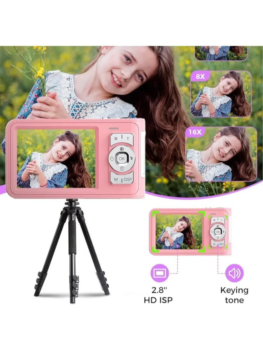 Digital Camera, 4K Vlogging Kids Camera with 44MP & 16X Zoom Anti-Shake, Pink